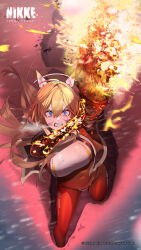 Rule 34 | 1girl, black jacket, blonde hair, blue eyes, bodysuit, burning, clenched teeth, crying, crying with eyes open, dirty, dirty face, fire, from above, frown, goddess of victory: nikke, highres, hood, hoodie, jacket, long hair, official art, orange bodysuit, second-party source, snow, snowing, solo, standing, tears, teeth, tove (nikke), very long hair, watermark, wide hips