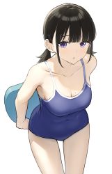 Rule 34 | 1girl, absurdres, arms behind back, black hair, blue one-piece swimsuit, bodyboard, breasts, cleavage, collarbone, commentary request, covered navel, highres, legs, light blush, looking at viewer, low twintails, medium breasts, medium hair, mole, mole on breast, one-piece swimsuit, open mouth, original, purple eyes, school swimsuit, simple background, solo, swimsuit, takenoko no you, thighs, twintails, white background