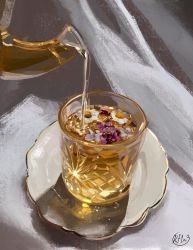 Rule 34 | artist name, cup, drink, drinking glass, flower, food focus, grey background, highres, kay (kf1n3), no humans, original, pouring, purple flower, saucer, signature, still life, tea, teapot, white flower