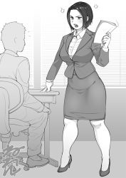 Rule 34 | 1boy, 1girl, anger vein, angry, chair, desk, dildo reveal, fingernails, flying sweatdrops, greyscale, high heels, holding, holding paper, indoors, looking at another, monochrome, neone, office lady, open mouth, original, paper, short hair, sitting, standing, sweat, sweatdrop, teeth, tongue, upper teeth only, window