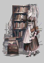 Rule 34 | 1girl, animal ear fluff, animal ears, apron, arknights, book, book stack, bookshelf, candle, candlelight, candlestand, cat ears, drawer, green eyes, high heels, highres, holding, holding book, kal&#039;tsit (arknights), looking at viewer, maid, maid apron, maid headdress, medium hair, official alternate costume, solo, zhizhizi