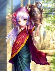 Rule 34 | 10s, 1girl, absurdres, angel beats!, aquarius (zodiac), flower, goto p, hair flower, hair ornament, head scarf, highres, holding, indian clothes, jar, jewelry, light purple hair, light rays, light smile, long hair, looking at viewer, necklace, outdoors, sari, solo, standing, sunbeam, sunlight, tenshi (angel beats!), veil, yellow eyes, zodiac