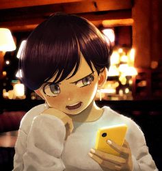 Rule 34 | 1girl, black hair, blurry, blurry background, blush, commentary request, copyright request, earrings, highres, holding, holding phone, indoors, jewelry, kunitarou-art, lamp, long sleeves, nail polish, open mouth, phone, short hair, solo, sweater, upper body, white nails, white sweater