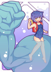 Rule 34 | 1girl, animal ears, aq interactive, arcana heart, atlus, backpack, bag, bakuretsumomo, barefoot, blue hair, brown eyes, cat ears, clenched hand, clenched hands, daidouji kira, examu, flat chest, one-piece swimsuit, randoseru, school swimsuit, short hair, solo, swimsuit