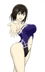 Rule 34 | 1girl, black eyes, black hair, breasts, haguro (kancolle), hair ornament, hairclip, highres, kantai collection, large breasts, looking at viewer, navel, open mouth, reaching, reaching towards viewer, short hair, smile, solo, sozan, swimsuit, thighs