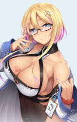 Rule 34 | 1girl, azur lane, bare shoulders, bespectacled, blonde hair, breast tattoo, breasts, cleavage, coat, commentary request, glasses, gradient hair, gyaru, highres, id card, large breasts, applying manicure, marblehead (azur lane), multicolored hair, nail polish, nakano sora, open clothes, open coat, pink nails, short hair, simple background, smile, solo, tattoo, turtleneck