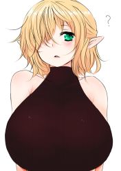 Rule 34 | 1girl, ?, bare shoulders, blush, breasts, brown eyes, female focus, green eyes, hair over one eye, han (jackpot), huge breasts, mizuhashi parsee, open clothes, pointy ears, short hair, simple background, sleeveless, sleeveless turtleneck, solo, touhou, turtleneck, upper body