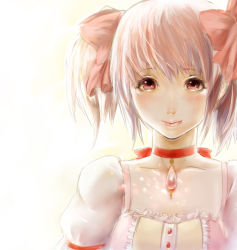 Rule 34 | 10s, 1girl, brooch, collarbone, hair ribbon, highres, jewelry, kaname madoka, looking at viewer, mahou shoujo madoka magica, mahou shoujo madoka magica (anime), pink eyes, pink hair, ribbon, short twintails, smile, solo, twintails, upper body, yuuya (inudama)