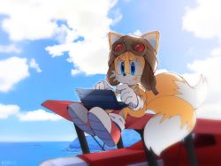 Rule 34 | 1boy, aircraft, airplane, artist name, bad id, bad twitter id, blue sky, cloud, ears through headwear, full body, furry, furry male, gloves, hat, highres, male focus, multiple tails, ocean, re30103, shoes, sitting, sky, solo, sonic (series), sweatdrop, tail, tails (sonic), tongue, tongue out, two tails, typing, white gloves