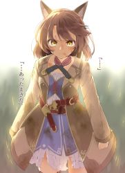 Rule 34 | ..., 1girl, amane rosylily, animal ear fluff, animal ears, black thighhighs, blurry, blurry background, brown coat, brown eyes, brown hair, bruise, clenched hands, coat, collarbone, commentary request, day, depth of field, dress, fingernails, fox ears, highres, injury, long sleeves, looking at viewer, open clothes, open coat, original, outdoors, sekira ame, solo, standing, thighhighs, torn clothes, torn dress, translation request, v-shaped eyebrows, white dress