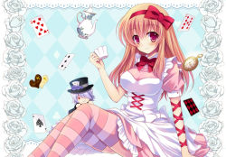 Rule 34 | 1girl, alice (alice in wonderland), alice (alice in wonderland) (cosplay), alice in wonderland, argyle, argyle background, argyle clothes, bad id, bad pixiv id, blonde hair, blush, brown hair, card, character doll, cosplay, cup, dress, heart, holding, kettle, kuroe (sugarberry), long hair, looking at viewer, pandora hearts, playing card, red eyes, ribbon, sharon rainsworth, short hair, sitting, smile, solo, striped clothes, striped thighhighs, teacup, teapot, thighhighs, xerxes break