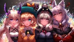 Rule 34 | 4girls, animal ears, beret, black cat, black headwear, black kimono, blue eyes, bow, cat, collared shirt, commentary, english commentary, enna alouette, ethyria, flat chest, flower, fox ears, fox girl, ghost, grey hair, hair bow, hair flower, hair ornament, hat, head tilt, head wings, highres, japanese clothes, kimono, low twintails, lucie (millie parfait), millie parfait, multiple girls, nijisanji, nijisanji en, nina kosaka, obi, off shoulder, one eye closed, open mouth, orange sweater, pink eyes, poppi (reimu endou), purple bow, red kimono, reimu endou, reiru, sash, shirt, sleeves past fingers, sleeves past wrists, smile, sweater, thumbs up, twintails, virtual youtuber, white flower, white shirt, wings, witch hat, yellow eyes