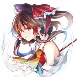Rule 34 | 1girl, ascot, bare shoulders, bow, brown hair, collared shirt, detached sleeves, frills, gohei, hair bow, hair tubes, hakurei reimu, highres, kutsuki kai, looking at viewer, medium hair, red bow, red skirt, shirt, simple background, skirt, smile, solo, touhou, upper body, white background, wide sleeves, yellow ascot, yellow eyes