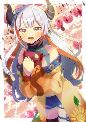 Rule 34 | 1girl, :d, bare shoulders, black shorts, black thighhighs, box, brown jacket, commentary request, commission, food, fruit, grey hair, holding, holding box, horns, indie virtual youtuber, jacket, kou hiyoyo, long hair, long sleeves, looking at viewer, multicolored hair, off shoulder, open clothes, open jacket, open mouth, orange hair, sharp teeth, short shorts, shorts, single thighhigh, skeb commission, smile, solo, standing, strawberry, streaked hair, tatsuki ryuka, teeth, thighhighs, torn clothes, torn shorts, very long hair, virtual youtuber, wide sleeves, yellow eyes