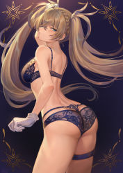 Rule 34 | 1girl, arm up, ass, back, bare shoulders, blonde hair, blue bra, blue eyes, blue panties, blush, bra, bradamante (fate), braid, breasts, commentary request, fate/grand order, fate (series), french braid, gloves, gradient background, hair between eyes, highres, large breasts, lingerie, long hair, looking at viewer, mashuu (neko no oyashiro), panties, parted lips, shoulder blades, sidelocks, solo, thigh strap, thighs, twintails, underwear, underwear only, very long hair