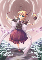 Rule 34 | 1girl, akakage red, black ribbon, black shirt, blonde hair, blue eyes, bow, bowtie, bracelet, bubble skirt, collar, doll, female focus, flower, frilled shirt collar, frills, full body, hair ribbon, jewelry, lily of the valley, medicine melancholy, outstretched arms, puffy short sleeves, puffy sleeves, red (artist), red bow, red bowtie, red ribbon, red skirt, ribbon, ribbon-trimmed clothes, ribbon-trimmed skirt, ribbon trim, sash, shirt, shoes, short hair, short sleeves, skirt, socks, solo, standing, standing on one leg, su-san, touhou, white bow, white collar