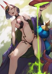 Rule 34 | 1girl, absurdres, alcohol, bare shoulders, bob cut, breasts, collarbone, commentary request, cup, eyeshadow, fangs, fate/grand order, fate (series), gluteal fold, gourd, hand on own knee, headpiece, highres, horns, japanese clothes, kimono, looking at viewer, makeup, navel, off shoulder, oni, open clothes, open kimono, open mouth, pointy ears, purple eyes, purple hair, purple kimono, revealing clothes, sakazuki, short eyebrows, short hair, shuten douji (fate), skin-covered horns, small breasts, smile, solo, thighs, yoshio (55level)