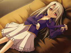 Rule 34 | 1girl, bed, collared shirt, fate/stay night, fate (series), feet out of frame, flat chest, frilled skirt, frills, grey hair, illyasviel von einzbern, kaze shibuki, light smile, long hair, long sleeves, looking at viewer, lying, on back, on bed, pillow, purple shirt, red eyes, shirt, skirt, solo