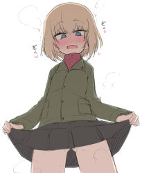 Rule 34 | 1girl, ame (amechan17391739), black skirt, blonde hair, blue eyes, blush, clothes lift, fang, from below, girls und panzer, highres, katyusha (girls und panzer), lifted by self, looking at viewer, military uniform, open mouth, pravda military uniform, short hair, simple background, sketch, skirt, skirt lift, solo, uniform, white background