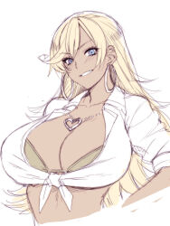 Rule 34 | 1girl, blonde hair, blue eyes, bra, breasts, cleavage, colorized, dark-skinned female, dark skin, earrings, heart, heart necklace, highres, hoop earrings, jewelry, large breasts, long hair, necklace, open clothes, open shirt, sasamori anna, simple background, solo, tagme, underwear, upper body, white background, whoosaku