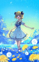 Rule 34 | 1girl, :d, ahoge, animal ears, blonde hair, blue eyes, bow, bowtie, choker, commentary request, crossed legs, curtsey, dandelion, dress, flower, hair ornament, hairclip, high-waist skirt, highres, hololive, horns, kneehighs, light blush, looking at viewer, meadow, miniskirt, official alternate costume, official alternate hair length, official alternate hairstyle, open mouth, outdoors, overskirt, pinstripe dress, pinstripe pattern, red choker, ribbon choker, sailor collar, sailor dress, see-through, see-through sleeves, sheep ears, sheep girl, sheep horns, short dress, short hair, short sleeves, side ponytail, skirt, skirt hold, smile, socks, solo, striped clothes, striped dress, tsunomaki watame, tsunomaki watame (street casual), vertical-striped clothes, vertical-striped dress, virtual youtuber, watson cross, white bow, white bowtie, white skirt, xyunx