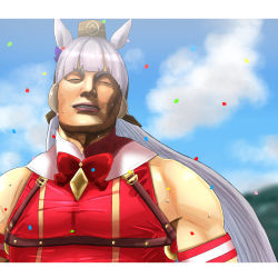 Rule 34 | 1girl, animal ears, blue sky, blunt bangs, bow, bowtie, cloud, commentary request, confetti, day, final fantasy, final fantasy x, gold ship (umamusume), grey hair, highres, horse ears, horse girl, long hair, meme, momosu102, muscular, muscular female, open mouth, outdoors, pillbox hat, red bow, red bowtie, red shirt, shirt, sky, sleeveless, sleeveless shirt, smile, spread legs, tail, tidus no chinpo kimochiyo sugidaro! (meme), translation request, umamusume, upper body, wakka