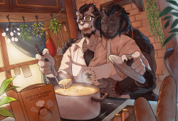 Rule 34 | 2boys, animal nose, apron, arm around waist, warrior of light (ff14), beard, behind another, black hair, body fur, book, bread, closed mouth, cooking, couple, curtains, day, dutch angle, closed eyes, facial hair, fangs, fictional persona, final fantasy, final fantasy xiv, fingernails, food, furry, furry male, furry with furry, glasses, hand on another&#039;s shoulder, hand on another&#039;s stomach, hands up, holding, holding ladle, horns, hrothgar, hug, hug from behind, indoors, kitchen, ladle, male focus, multiple boys, open book, open mouth, pot, sei (seiryuuden), sharp fingernails, shirt, short hair, slit pupils, smile, snout, steam, window, yaoi, yellow eyes