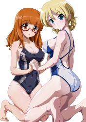 Rule 34 | 10s, 2girls, alternate costume, ass, bare arms, bare legs, bare shoulders, barefoot, blonde hair, blue eyes, braid, breasts, cleavage, collarbone, competition swimsuit, covered erect nipples, darjeeling (girls und panzer), denji saboten, eyebrows, feet, from behind, girls und panzer, glasses, holding hands, impossible clothes, kneeling, knees together feet apart, long hair, looking at viewer, medium breasts, multiple girls, one-piece swimsuit, orange eyes, orange hair, semi-rimless eyewear, shiny clothes, shiny skin, short hair, sideboob, skindentation, soles, swimsuit, takebe saori, taut clothes, taut swimsuit, thighs, toes, twin braids