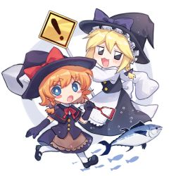 Rule 34 | !, 2girls, black capelet, black eyes, black footwear, black gloves, black headwear, black shirt, black skirt, blonde hair, blue eyes, blush, blush stickers, bow, braid, bright pupils, capelet, cookie (touhou), elbow gloves, fish, full body, gloves, hair bow, hat, hat bow, holding, holding shovel, kirisame marisa, looking at viewer, mary janes, meguru (cookie), multiple girls, open mouth, purple bow, red bow, shirt, shoes, short hair, shovel, side braid, sign, simple background, single braid, skirt, sleeves past wrists, socks, touhou, tuna, warning sign, white background, white legwear, white pupils, witch hat, xox xxxxxx, yuuhi (cookie)