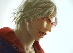 Rule 34 | 1boy, akumey, albino, blood, blood on face, devil may cry (series), devil may cry 4, glowing, glowing eyes, male focus, nero (devil may cry), open mouth, red eyes, simple background, solo, tongue, tongue out, white hair