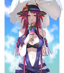 Rule 34 | 1girl, 91007, bare shoulders, bendy straw, black hat, blue one-piece swimsuit, blush, breasts, cleavage, clothing cutout, cup, drink, drinking, drinking glass, drinking straw, fire emblem, fire emblem engage, fire emblem heroes, flower, hat, highres, holding, holding cup, holding drink, ivy (fire emblem), ivy (summer) (fire emblem), large breasts, long hair, looking at viewer, mole, mole under mouth, navel, nintendo, official alternate costume, one-piece swimsuit, purple eyes, purple hair, solo, stomach, stomach cutout, swimsuit, wet, wet clothes, wet hair