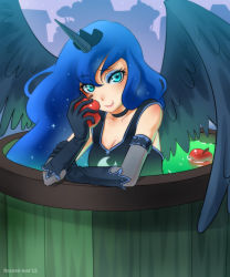 Rule 34 | 1girl, apple, aqua eyes, bare shoulders, blue hair, breasts, bucket, choker, cleavage, collarbone, crown, dress, eyeshadow, food, fruit, gloves, horns, in bucket, in container, long hair, luna (my little pony), makeup, my little pony, my little pony: friendship is magic, personification, racoon-kun, see-through, single horn, small breasts, smile, solo, sparkle, wings