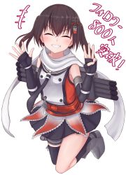 Rule 34 | + +, 1girl, black gloves, black necktie, black skirt, black thighhighs, brown eyes, brown hair, buttons, cowboy shot, double-breasted, elbow gloves, fingerless gloves, gloves, highres, kantai collection, looking at viewer, milestone celebration, necktie, night battle idiot, orange serafuku, scarf, school uniform, sendai (kancolle), sendai kai ni (kancolle), serafuku, simple background, single thighhigh, skirt, smile, solo, thighhighs, tiemu (man190), translation request, two side up, upper body, white background, white scarf