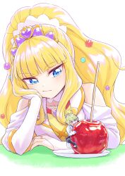 Rule 34 | 1boy, 1girl, absurdres, ahoge, blonde hair, blue eyes, blunt bangs, bridal gauntlets, brooch, candy apple, choker, cure finale, delicious party precure, food, green hair, hand on own cheek, hand on own face, heart, heart brooch, high ponytail, highres, itou shin&#039;ichi, jewelry, kasai amane, long hair, magical girl, narcistoru, precure, smile, solo focus, sparkle hair ornament, white choker
