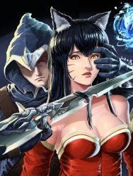 Rule 34 | 10s, 1boy, 1girl, 2016, ahri (league of legends), animal ears, bare shoulders, black hair, breasts, cleavage, collarbone, dagger, dated, detached sleeves, facial mark, fox ears, fox tail, highres, hood, knife, blade to throat, korean clothes, league of legends, lips, looking at another, looking at viewer, narrowed eyes, nose, one eye covered, open mouth, pursed lips, realistic, restrained, serious, slit pupils, somum, surprised, tail, talon (league of legends), threat, threating, upper body, weapon, yellow eyes