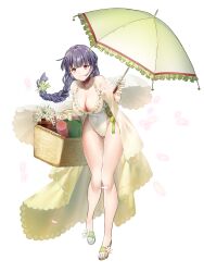 Rule 34 | 1girl, almeria rainlily, black hair, blunt bangs, braid, breasts, charon (tw), choker, covered navel, dairoku ryouhei, flower, full body, gloves, gluteal fold, highres, holding, holding umbrella, large breasts, leaning forward, long hair, low-tied long hair, one-piece swimsuit, parasol, petals, picnic basket, pink eyes, sandals, smile, solo, swimsuit, thermos, transparent background, umbrella, white gloves, white one-piece swimsuit, yellow umbrella