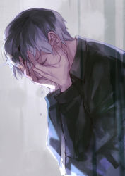 Rule 34 | 10s, 1boy, bbirdd, black hair, coat, covering face, crying, hands on own face, kaneki ken, male focus, multicolored hair, necktie, sasaki haise, short hair, solo, tears, tokyo ghoul, tokyo ghoul:re, trench coat, white hair