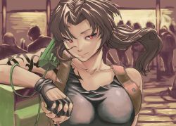 Rule 34 | 1girl, bad id, bad pixiv id, black lagoon, breasts, brown hair, collarbone, crowd, eyelashes, fingerless gloves, gloves, holster, large breasts, lips, long hair, panko (drive co), panko (pixiv7141083), phone, phone booth, ponytail, red eyes, revy (black lagoon), shoulder holster, shoulder tattoo, solo, tattoo, upper body