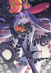 Rule 34 | 1girl, abigail williams (fate), abigail williams (third ascension) (fate), bare shoulders, black bow, black hat, black panties, bow, breasts, colored skin, fate/grand order, fate (series), forehead, hair bow, hat, highres, keyhole, long hair, looking at viewer, navel, open mouth, orange bow, panties, parted bangs, red eyes, ryofuhiko, small breasts, smile, solo, staff, tentacles, thighs, third eye, underwear, water drop, white hair, white skin, witch hat