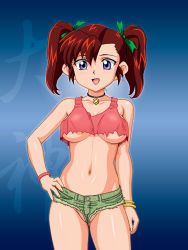 Rule 34 | 1girl, :d, bakusou kyoudai let&#039;s &amp; go!!, bakusou kyoudai let&#039;s &amp; go!! max, bakusou kyoudai let&rsquo;s &amp; go max, bracelet, breasts, crop top, cutoffs, denim, denim shorts, genka ichien, hand on own hip, hip focus, jewelry, medium breasts, midriff, navel, necklace, no panties, oogami marina, open mouth, partially visible vulva, pendant, purple eyes, red hair, shiny skin, short shorts, shorts, simple background, smile, solo, torn clothes, twintails, underboob, wedgie