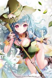 Rule 34 | 1girl, blue hair, boots, breasts, broom, cleavage, dress, flower, gio (maroon0924), gloves, hat, leaf, looking at viewer, red eyes, solo, sword girls, witch, witch hat