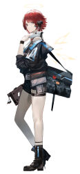 Rule 34 | 1girl, arknights, bag, black footwear, black jacket, black shorts, blazpu, boots, brown eyes, commission, detached wings, earpiece, exusiai (arknights), exusiai (midnight delivery) (arknights), full body, halo, highres, jacket, official alternate costume, parted lips, red hair, shirt, short hair, shorts, simple background, solo, white background, white shirt, wings