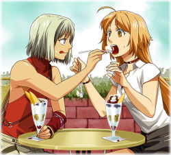 Rule 34 | 2girls, 428, ahoge, androgynous, bare shoulders, blonde hair, brown eyes, canaan (character), canaan (series), chunsoft, feeding, flat chest, food, ice cream, long hair, mori (unknown.), multiple girls, oosawa maria, open mouth, short hair, sleeveless, sleeveless turtleneck, spoon, tongue, turtleneck