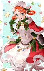 Rule 34 | 1girl, annette fantine dominic, aqua eyes, blush, bow, bowtie, braided hair rings, breasts, cape, christmas, christmas ornaments, cleavage, commentary request, dress, elbow gloves, fire emblem, fire emblem: three houses, fire emblem heroes, fire emblem warriors: three hopes, fur-trimmed cape, fur-trimmed dress, fur-trimmed gloves, fur trim, gloves, green bow, green bowtie, green gloves, green sleeves, hair rings, haru (nakajou-28), headdress, highres, index finger raised, long sleeves, looking at viewer, medium breasts, musical note, nintendo, official alternate costume, official alternate hairstyle, open mouth, orange hair, red cape, red dress, short hair, smile, solo, swept bangs, twitter username, two-tone dress, white dress