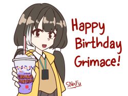 Rule 34 | 1girl, artist name, black eyes, black hair, commentary, cup, english commentary, english text, girls&#039; frontline, grimace shake (meme), happy birthday, holding, holding cup, id card, jacket, long hair, long sleeves, looking at viewer, meme, multicolored hair, open mouth, pleated skirt, ro635 (girls&#039; frontline), simple background, skirt, snafu (snafy snu), solo, twintails, two-tone hair, white background, white hair, yellow jacket