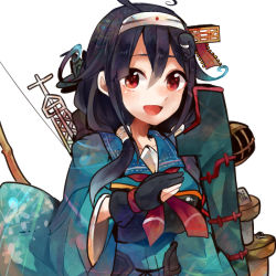 Rule 34 | 10s, 1girl, ahoge, bad id, bad nicoseiga id, bow (weapon), hair ornament, hairband, headband, itomugi-kun, japanese clothes, kantai collection, long hair, low twintails, muneate, purple hair, red eyes, ryuuhou (kancolle), ryuuhou kai ni (kancolle), simple background, smile, solo, taigei (kancolle), twintails, weapon, whale, white background