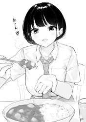 Rule 34 | 1girl, absurdres, blush, breasts, chair, collared shirt, commentary request, cup, curry, curry rice, drinking glass, food, greyscale, highres, holding, holding spoon, looking at viewer, medium breasts, monochrome, necktie, original, parted lips, plaid necktie, plaid neckwear, plate, rice, school uniform, shirt, short sleeves, simple background, solo, spoon, steam, table, takenoko no you, teeth, upper teeth only, white background