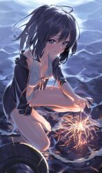 Rule 34 | 1girl, absurdres, bare shoulders, bikini, black eyes, black hair, black jacket, breasts, bucket, cleavage, closed mouth, collarbone, fireworks, full body, highres, holding, jacket, long hair, long sleeves, looking at viewer, medium breasts, night, off shoulder, open clothes, open jacket, original, outdoors, ponderogen, ponytail, smile, sparkler, squatting, swimsuit, unzipped, water, white bikini, zipper pull tab
