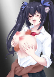 Rule 34 | 1boy, 1girl, black hair, blush, bow, bowtie, breasts, breasts squeezed together, clothed paizuri, collared shirt, cum, cum on body, cum on breasts, cum on upper body, disembodied penis, dress shirt, ejaculation, highres, large breasts, long hair, necktie, neptune (series), noire (neptunia), one eye closed, paizuri, paizuri under clothes, penis, red eyes, school uniform, seshiro (which501), shirt, twintails, very long hair, white shirt, wink