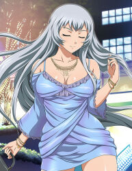 Rule 34 | 1girl, bracelet, breasts, chouun shiryuu, cleavage, closed eyes, clothing cutout, collarbone, cowboy shot, dress, facing viewer, floating hair, grey dress, grey hair, holding, ikkitousen, jewelry, large breasts, long hair, necklace, shiny skin, short dress, shoulder cutout, solo, standing, straight hair, very long hair
